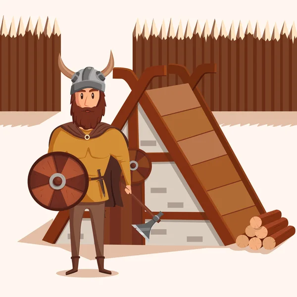 Vikingo con casco con cuernos y hacha, escudo cerca de aserradero. Antiguo guerrero noruego con bigote y escudo cerca de valla de madera. Puede ser utilizado para el tema histórico militar y escandinavo — Vector de stock