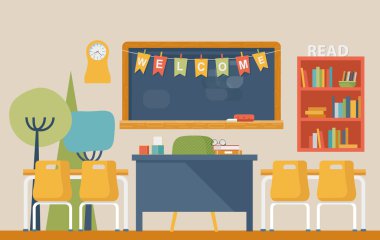 Tebeşir, masa ve sandalyeler, saat ve rafta kitaplar ile tahta üzerinde bayraklar üzerinde hoş geldiniz mektupları ile okul veya kolej Edebiyat sınıf iç. eğitim ve öğrenim, pedagoji ve burs