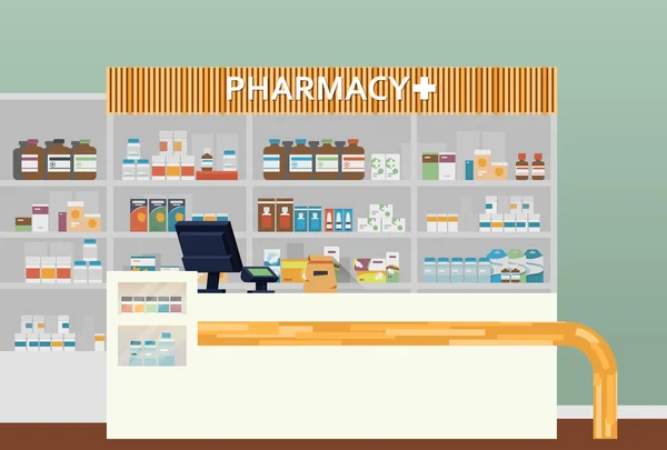 Medical pharmacy or drugstore interior design. Chemist or apothecary, dispensary and clinical, ambulatory or community shop for pills or tablets, lozenge in flasks. Medicine and healthcare theme — Stock Vector