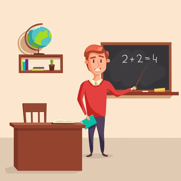 Mathematics teacher with pointer in blackboard with chalk showing arithmetic number calculation. Books and globe on shelf behind table with class journal. Good for educational and lesson theme — Stock Vector