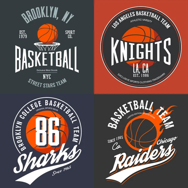 T-shirt design for basketball fans for usa new york brooklyn street team, knights college team and chicago raiders with balls emblems. Can be used for banner on sportswear or sport gear logotype — Stock Vector