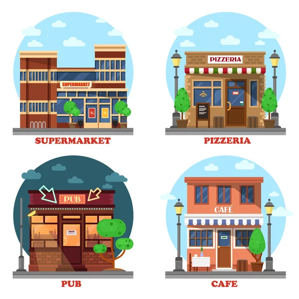 Pub en supermarkt, pizzeria, café gebouwen. — Stockvector