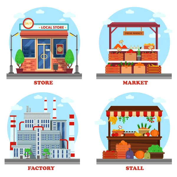 Lokal butik eller butik, marknad och stall med varor eller räknare för livsmedel, fabriken eller anläggning med skorsten och rör. Utomhusexteriörer av affärsbyggnader och handelskonstruktioner. — Stock vektor