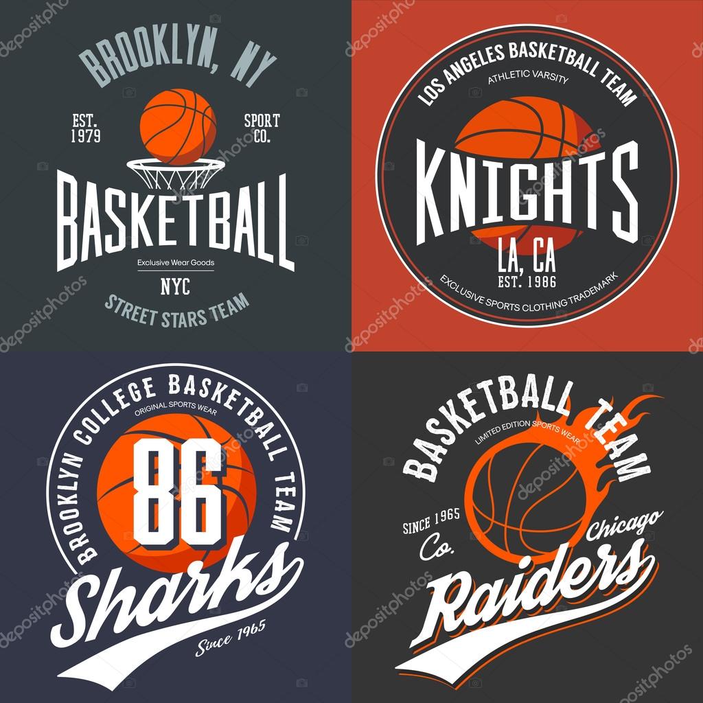 T-shirt design for basketball fans for usa new york brooklyn street team, knights college team and chicago raiders with balls emblems. Can be used for banner on sportswear or sport gear logotype. eps