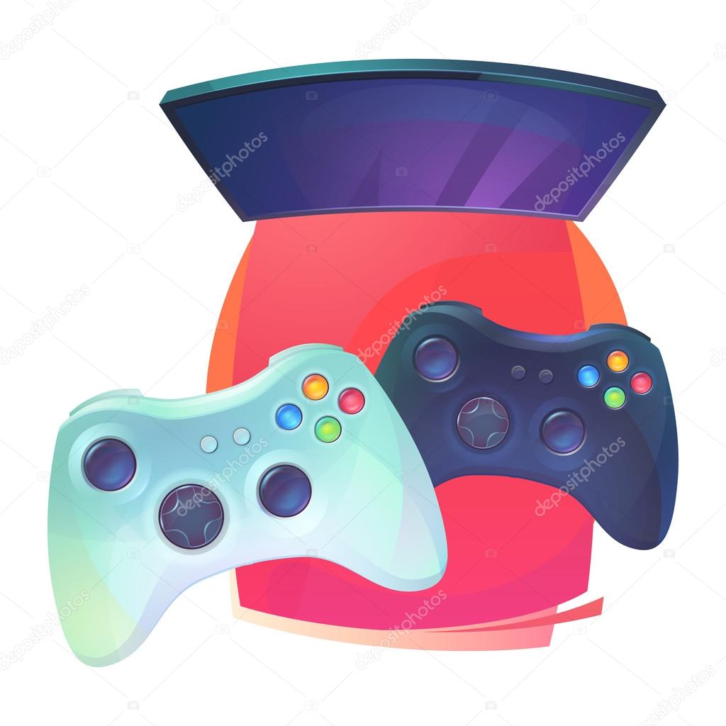 Video games with joystick and TV plasma. Joypad or controller, plastic pad for console entertainment and home leisure accessory. Regular teenager hobby and technology electronic activity. eps 10