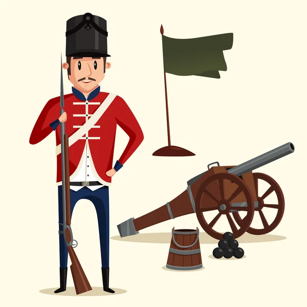 French army soldier with musket near cannon — Stock Vector