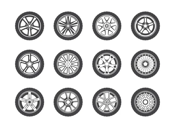 Wheel, tyre and tire collection of icons — Stockvector