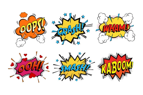 Onomatopoeia comics sons em nuvens para emoções — Vetor de Stock