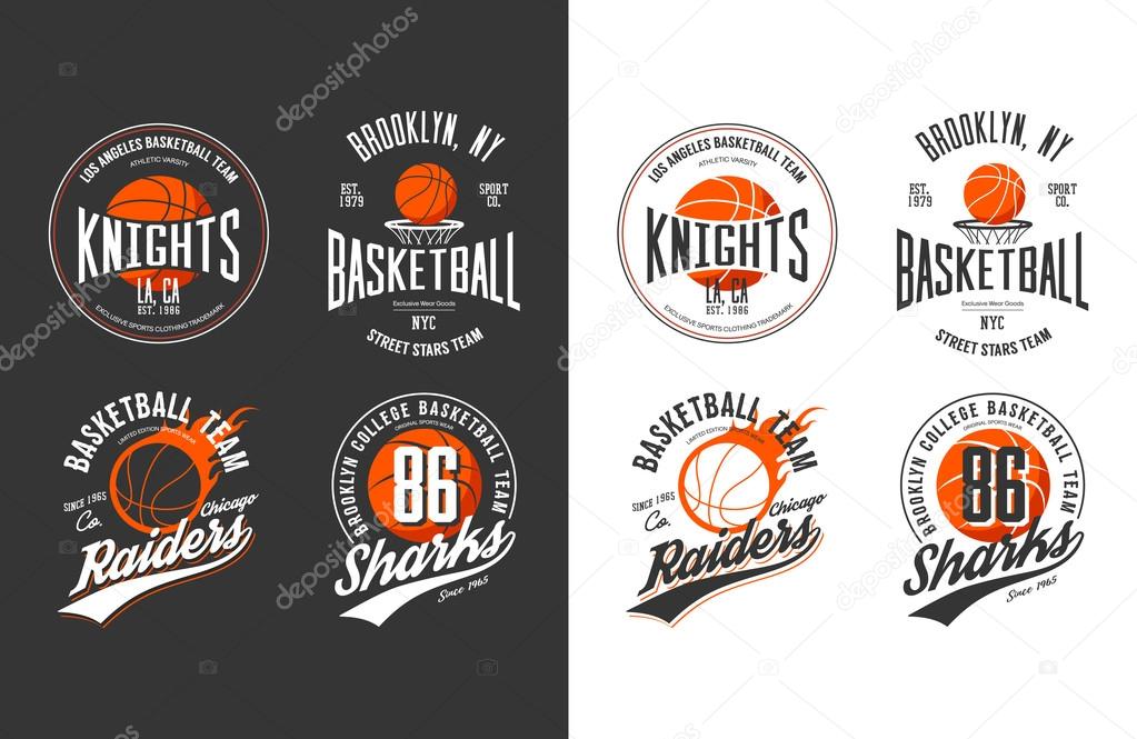 Balls for game of basketball in dark and light style. Prints for sportswear and exclusive t-shirt, sport equipment or gear, streetball logotype and basket logo for new york or los angeles college team