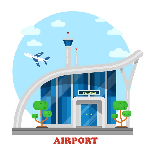 Airport building with flying airplane over tower — Stock Vector