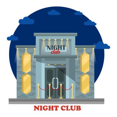 Giriş ve ışıklarla gece kulübü cephesi. Tatilde rahatlamak ve dinlenmek, dans etmek için bina veya inşaat. Boş zaman ve alkol içmek için ev. Yapı dış dış görünüm