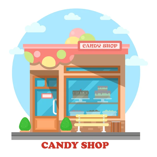 Confectionery store or shop building on street. Bakery and pastry, sweet dessert on showcase at construction or structure with ice-cream on roof. Ideal for city panorama and facade outdoor view — Stock Vector