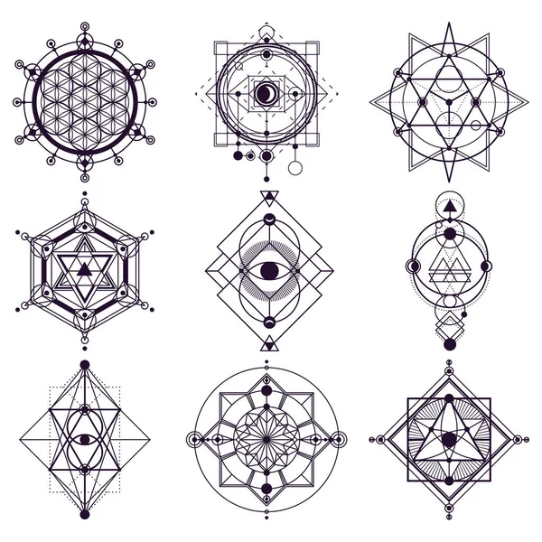 Geometria sagrada símbolos abstratos, signos vetoriais esotéricos — Vetor de Stock