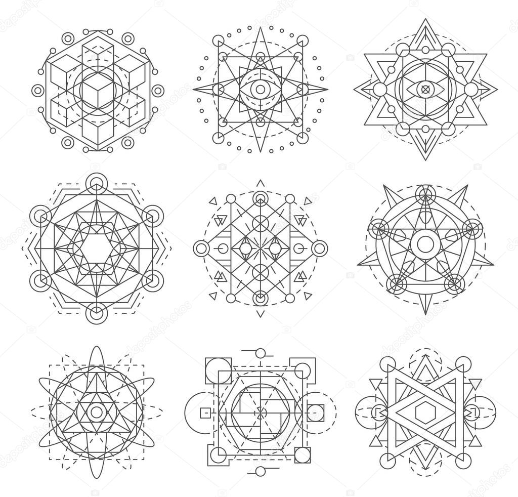 Sacred geometry symbols, esoteric astrology vector signs