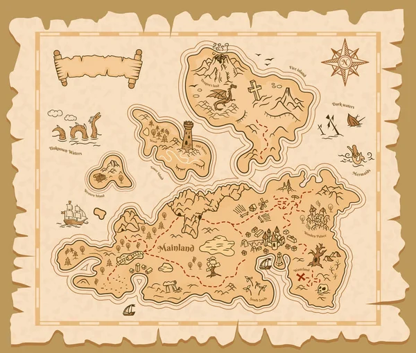 Tesouro mapa papel velho, aventura ilha pirata —  Vetores de Stock