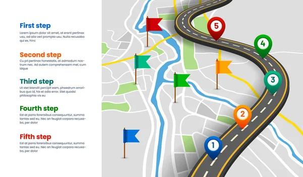 Navigatiekaart met locatiepennen, GPS-route — Stockvector