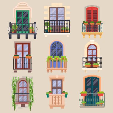 Balkon pencereleri, ön cephe çizgi film tırabzanları vektörü