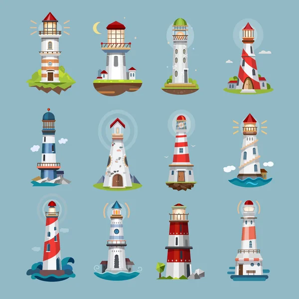 Faro faros, casa de luz de mar, iconos de dibujos animados — Vector de stock