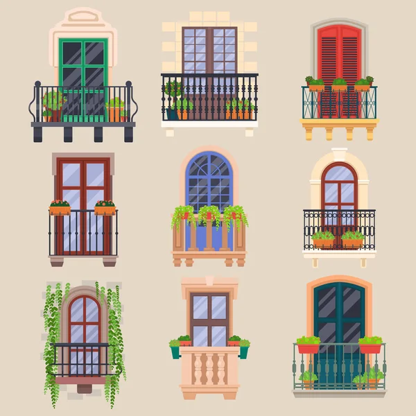 Ventanas de balcón, fachada de la casa de dibujos animados barandillas vector — Archivo Imágenes Vectoriales