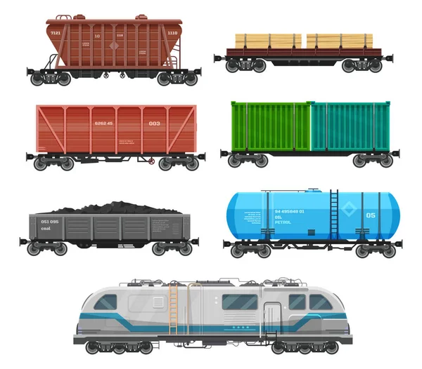 Vagones de mercancías de tren, contenedores de caja de carga de coches — Archivo Imágenes Vectoriales