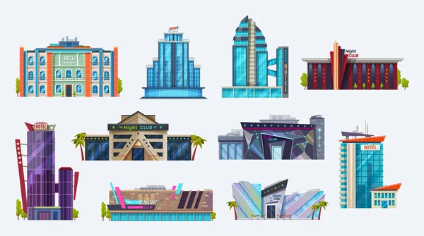 Buildings icons, city hotels and night clubs set