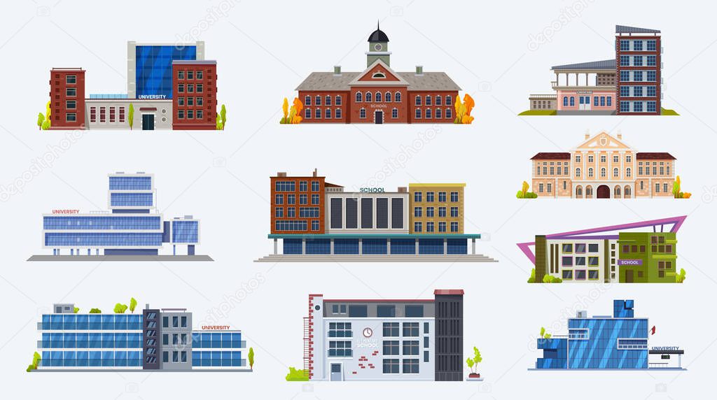 City buildings icons, school and university set