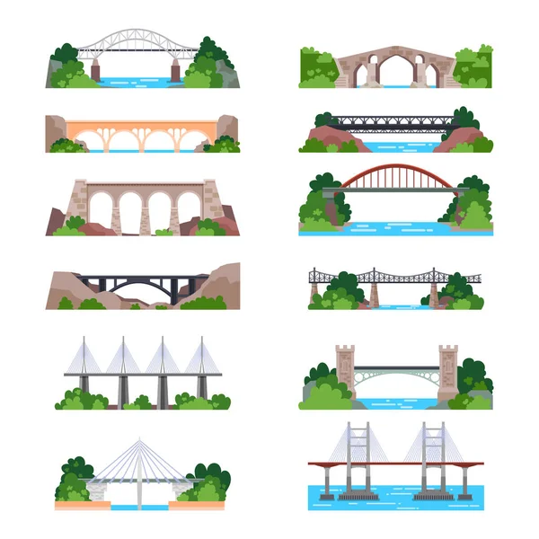 Set of isolated modern and vintage bridges — Stock Vector
