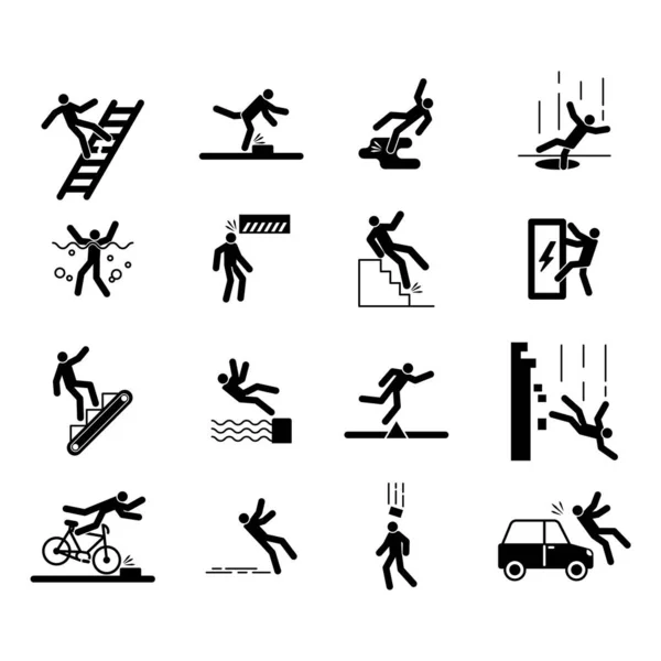 Iconos de accidente, lesiones de personas precaución advertencia segura Ilustraciones de stock libres de derechos