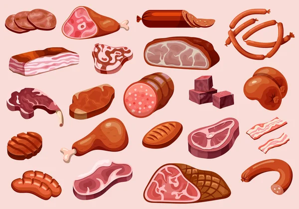 Meat and sausages, butchery shop food products set — Stock Vector