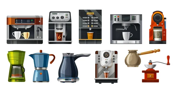 Máquinas de café, cafetera barista herramientas de elaboración de cerveza Vectores de stock libres de derechos