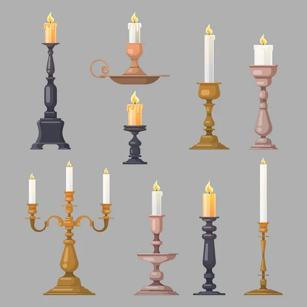 Candlesticks, candle holders and candelabra lights vector — Stock Vector