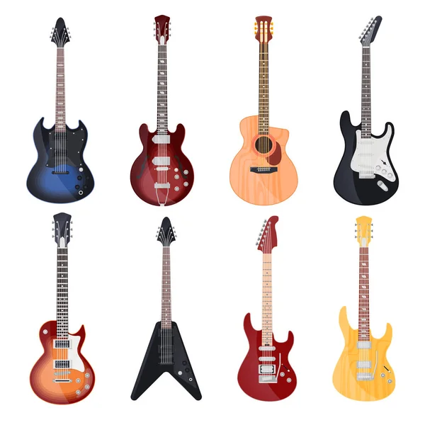 Guitarras, estilos diferentes, elétrico e baixo rock — Vetor de Stock