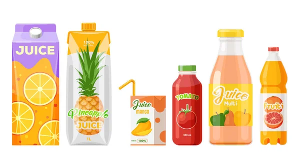 Envases de zumo, cajas de cartón, botellas de bebidas de frutas Gráficos vectoriales