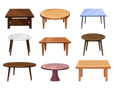 Tables furniture of wood, interior wooden desks clipart