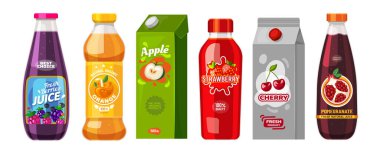 Juice packages in carton boxes and plastic bottles clipart