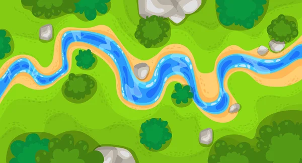 Ormanın üzerindeki nehir manzarası, hava haritası. — Stok Vektör