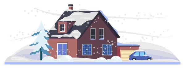 Neve e casa sob neve de inverno, tempo frio — Vetor de Stock