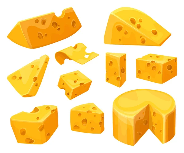 Cheese heads and slices or lumps with holes — Stock Vector