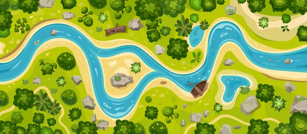Ποταμός top view τοπίο πάνω από το δάσος, εναέρια χάρτη — Διανυσματικό Αρχείο