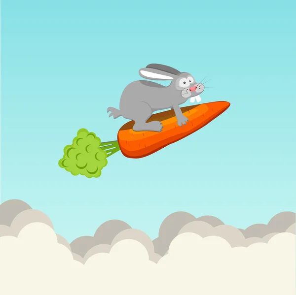 Conejo divertido volando en zanahorias, vector — Vector de stock