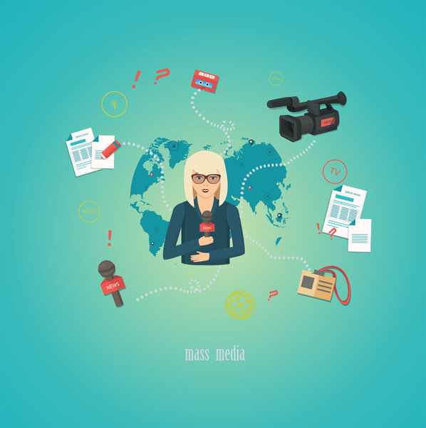 Mass media journalism broadcasting news cast concept flat