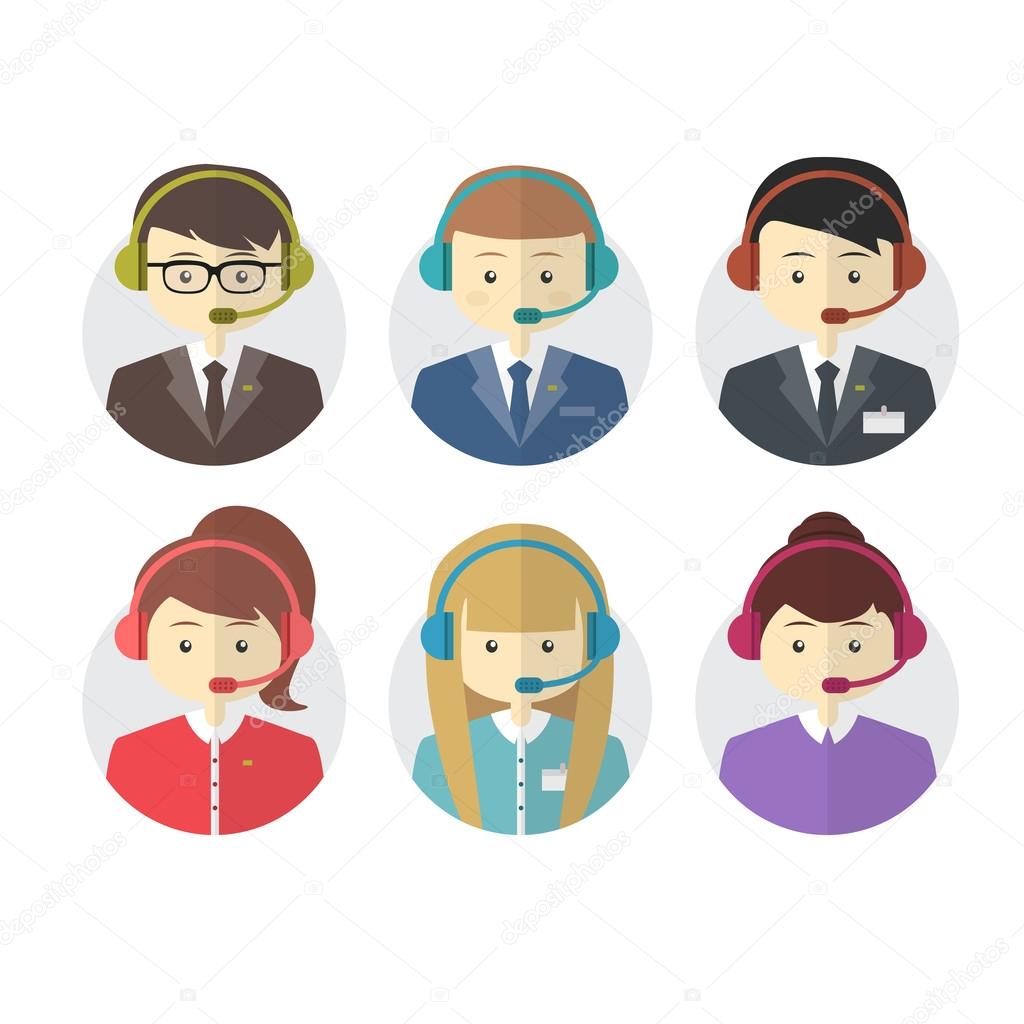 Call center operator icons with a smiling friendly man and woman, vector