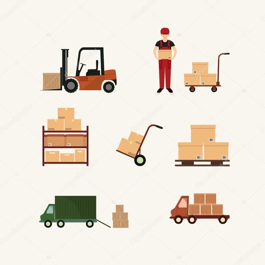 Warehouse transportation and delivery icons flat set isolated vector