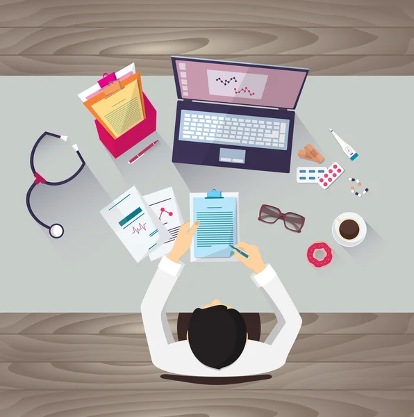 İşyerinde Doktor, illüstrasyon vektör. Masada oturan doktor önlüğü içinde erkek kişi