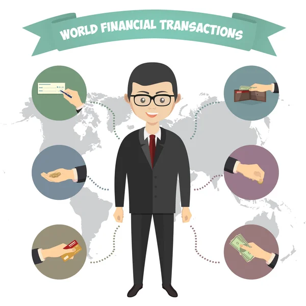 Assorted Vector Mode of Payment Types Drawings Isolated on Background. Infographics, a businessman engaged in financial transactions around the world — Stock Vector