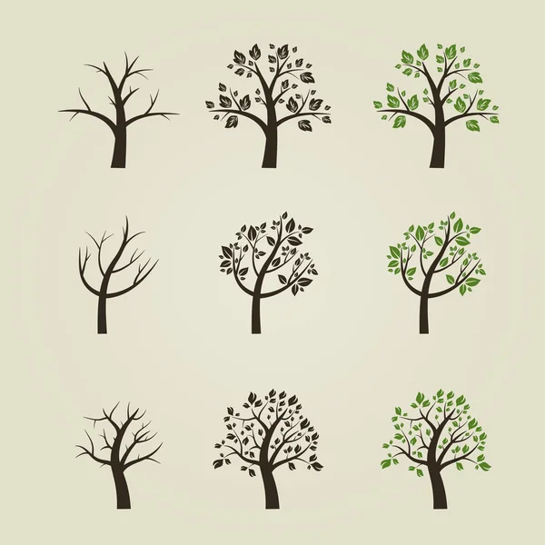 Set of different trees silhouette with roots and branches for logo, label, sign or tattoo. — Stock Vector