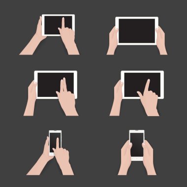Yaygın olarak kullanılan Multi-değmek jest tabletleri veya smartphone için vektör kümesi. Siyah tablet, smartphone, dokunmatik ekran. Duo sesi simgeler