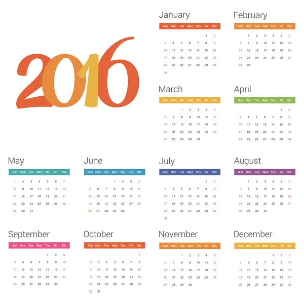 Calendar for 2016 on white background. Vector — Stock Vector