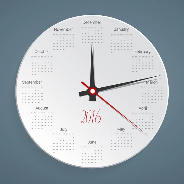 Творческий календарь на 2016 год в виде часов, Вектор — стоковый вектор