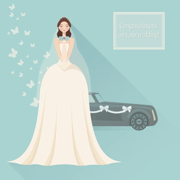 Invitación de boda. Novia en vestido de novia de encaje con ramo — Vector de stock